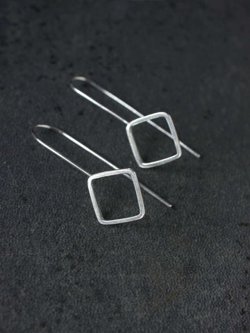 Large Long Square Hook Silver Earrings