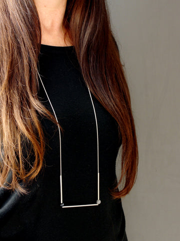 Long Statement Black Agate and Black Crystal Silver Necklace