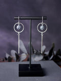 cracked-agate-black-white-stone-circle-bar-long-dangly-silver-earrings
