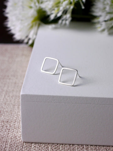 modern simple matt geometric square diamond silver studs