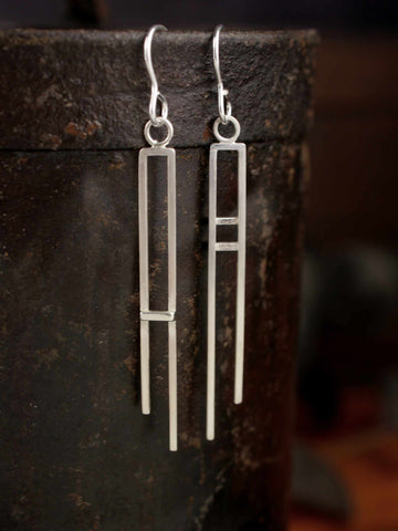 Quirky Pair of Asymmetrical Cross Bar Drop Silver Earrings