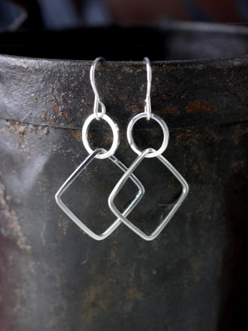 Modern Geometric Circle Square Statement Silver Earrings