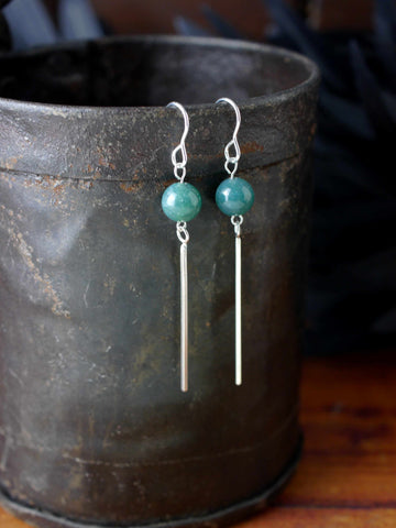 Beautiful Moss Green Agate Long Silver Earrings