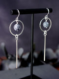 cracked-agate-black-white-stone-circle-bar-long-dangly-silver-earrings